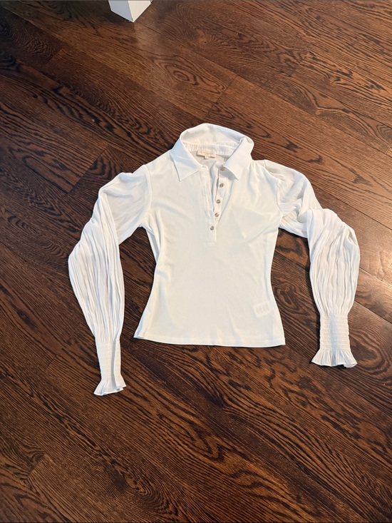 Ramy Brook Tops - Ramy Brook White Long-Sleeve Collared Polo with Pleated Balloon Sleeves